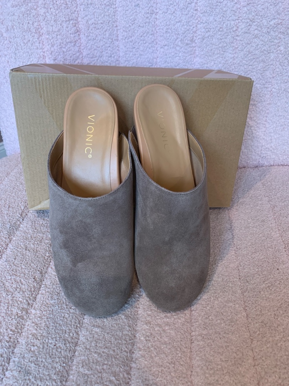 Vionic Taupe Suede Mule Slides- Opal - Picture 2 of 6